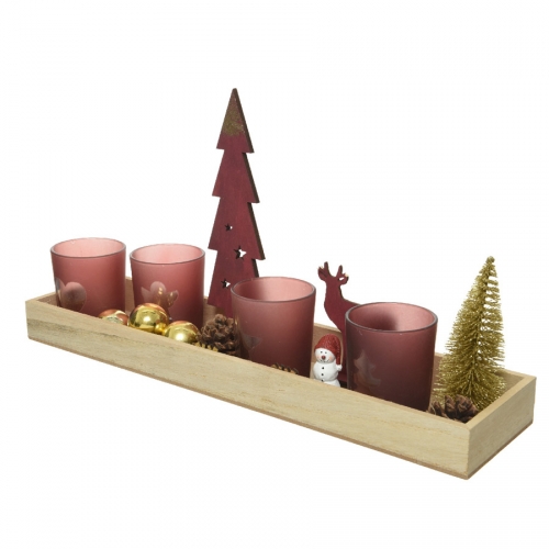 Set Photophore sur Plateau en bois - Rouge 