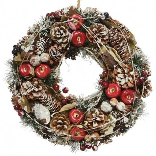 Couronne Neige Pomme de Pin, Pommes, Baies 33 cm - Plastique 