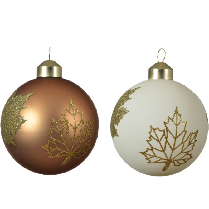 2 Boules Verre Mat Motif Feuille Blanc / Bronze  8 cm 