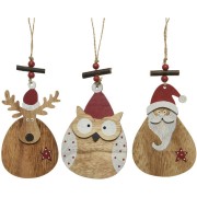 3 Figurines Noël Père-Noël/Chouette/Renne - Bois
