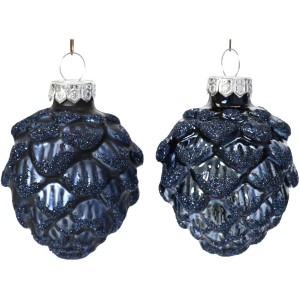 6 Pommes de Pin Bleu Nuit 7 cm  Verre Brillant/Mat  Paillettes