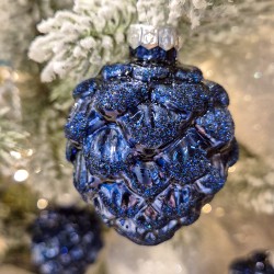 6 Pommes de Pin Bleu Nuit 7 cm � Verre Brillant / Mat � Paillettes. n�2