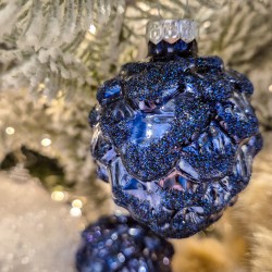 6 Pommes de Pin Bleu Nuit 7 cm � Verre Brillant / Mat � Paillettes. n�3