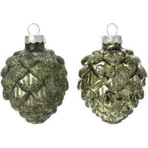 6 Pommes de Pin Vert Romarin 7 cm  Verre Brillant/Mat  Paillettes