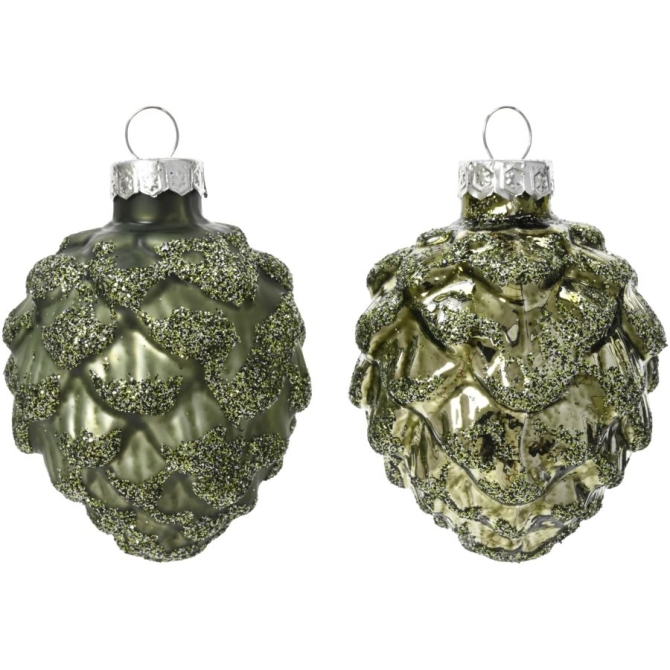 6 Pommes de Pin Vert Romarin 7 cm  Verre Brillant / Mat  Paillettes 