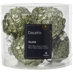 6 Pommes de Pin Vert Romarin 7 cm  Verre Brillant / Mat  Paillettes. n1