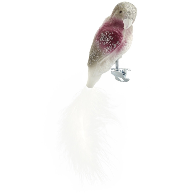 Oiseau Perroquet Blanc / Rose / Argent clip (10 cm) - Verre 