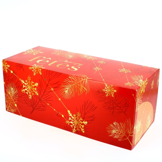 Boîte à Bûche Sapin large Rouge et Or Joyeuses Fêtes (30 cm) 