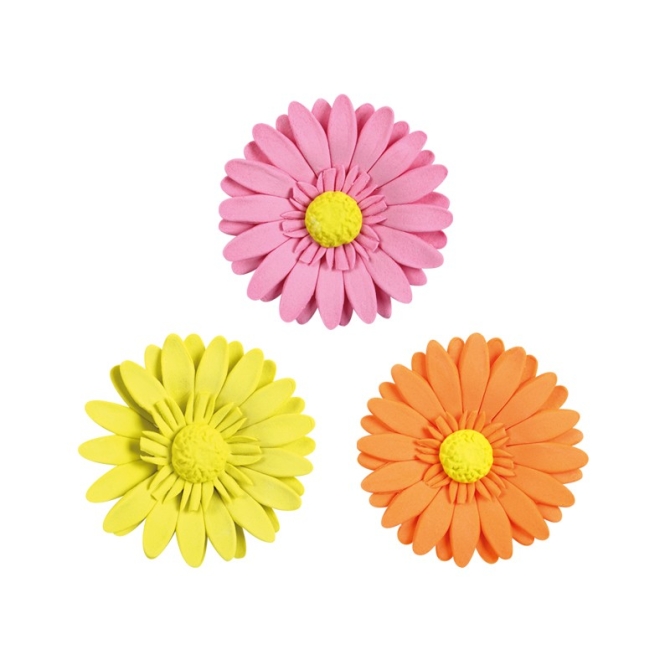 3 Fleurs Gerbera Jaune,  Rose,  Orange 4, 7 cm - Sucre- Non Comestible 
