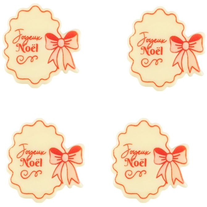 4 Plaquettes Noeud Rose Joyeux Noël (4 cm) – Chocolat Blanc