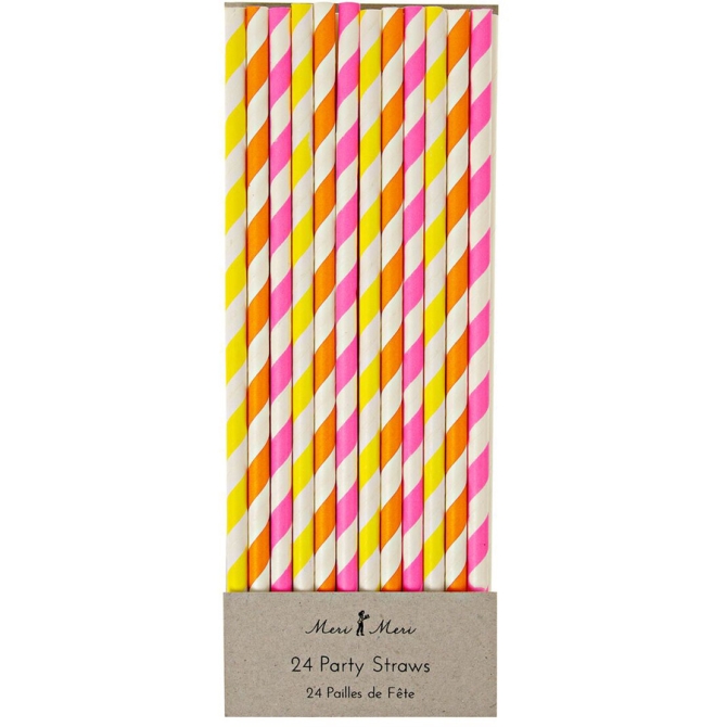 24 Pailles Papier Rayes Fluo Silly Circus 