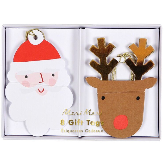 8 Etiquettes cadeaux Pre Noel et Renne (8 cm) 