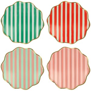 8 Assiettes Festives à Rayures avec Finition Dorée