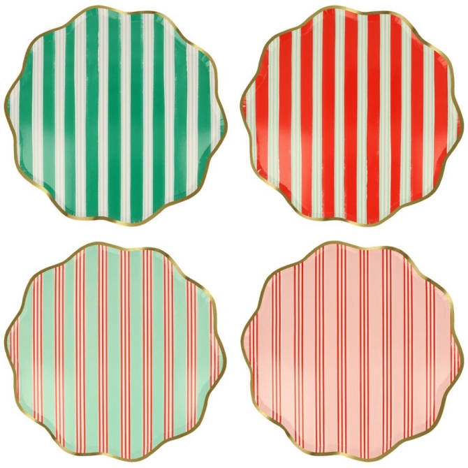 8 Assiettes Festives à Rayures avec Finition Dorée