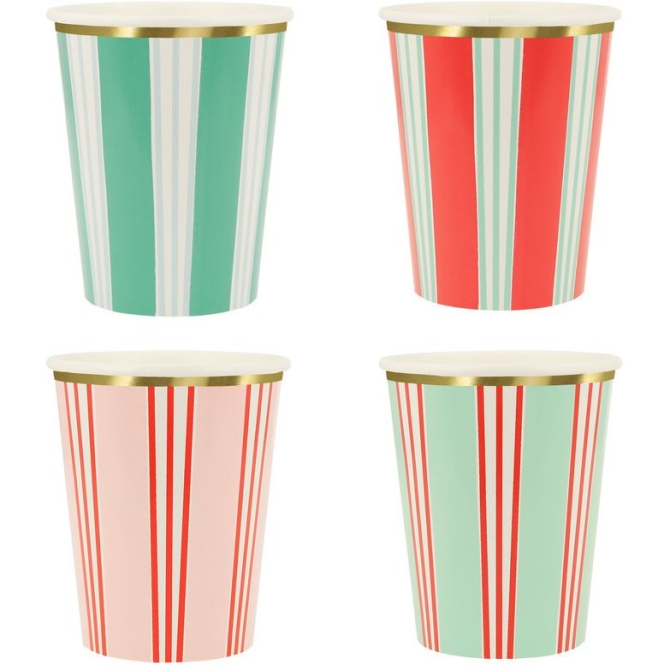 8 Gobelets Festifs  Rayures avec Finition Dore 