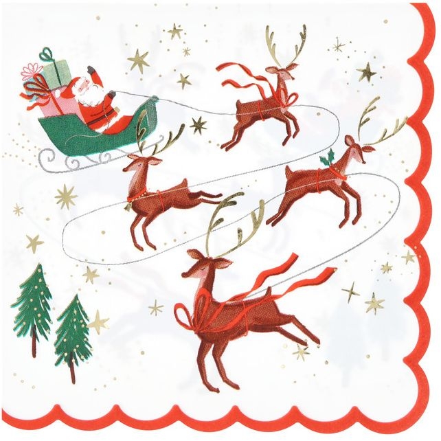 16 Serviettes Père Noël, Traîneau et Rennes