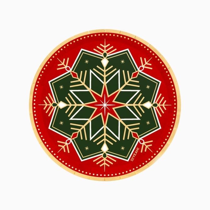 6 Assiettes Flocons de Neige Verts et Rouges