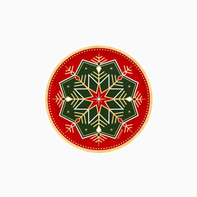 6 Petites Assiettes Flocons de Neige Verts et Rouges 