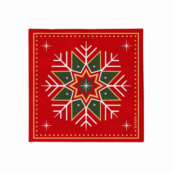 30 Serviettes Flocons de Neige Verts et Rouges 