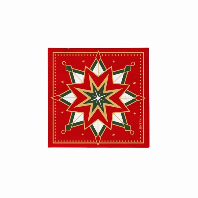 20 Petites Serviettes Flocons de Neige Verts et Rouges 