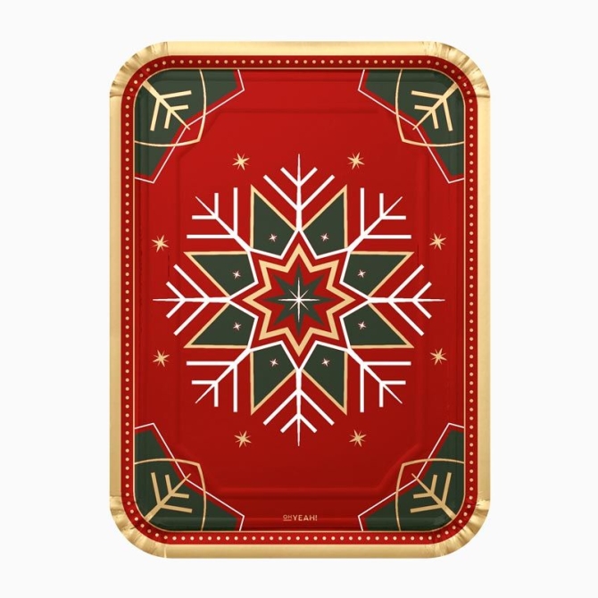 Lot de 2 Plateaux Rectangulaires Flocons de Neige Verts et Rouges 