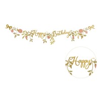 Bannire Happy Birthday Fleurs Rose/Or - 1,3 m