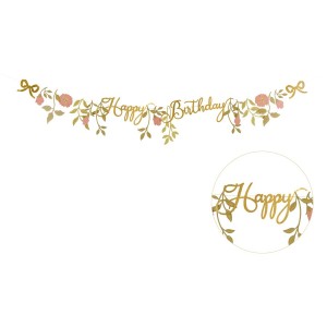 Bannire Happy Birthday Fleurs Rose/Or - 1,3 m
