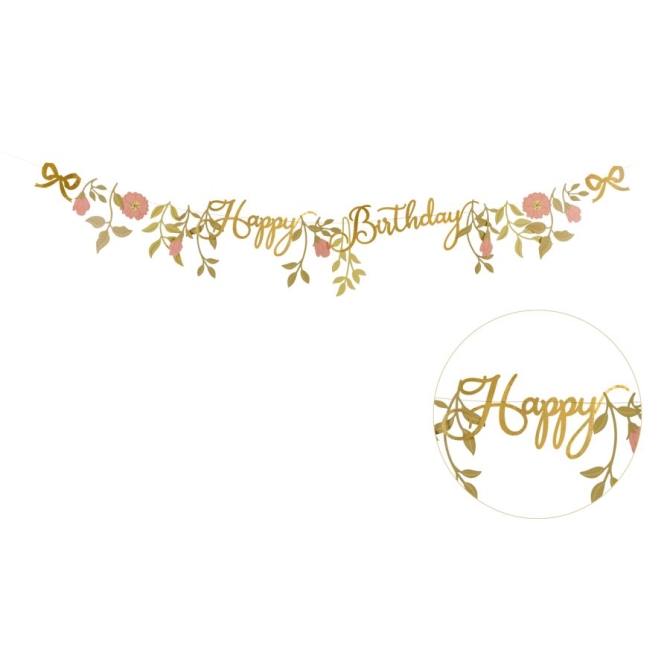 Bannire Happy Birthday Fleurs Rose / Or - 1, 3 m 