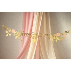 Bannire Happy Birthday Fleurs Rose / Or - 1, 3 m. n2