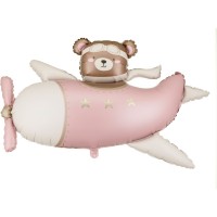 Ballon Aluminium H�lium G�ant Avion Rose avec Ourson � 94 cm