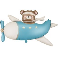 Ballon Aluminium H�lium G�ant Avion Bleu avec Ourson � 94 cm