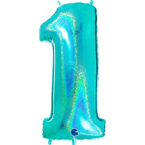 Ballon Gant Chiffre 1 Holographique Tiffany (102 cm)