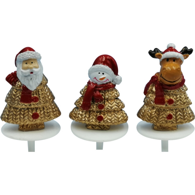 3 Pics Sapins Bonhomme de Neige /  Pre Nol /  Renne Or / Rouge (3, 5 cm )- Polyrsine 