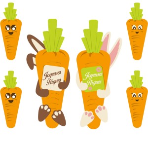 2 Lapins Carottes Joyeuses Pques + 4 Petites Carottes - Chocolat Blanc