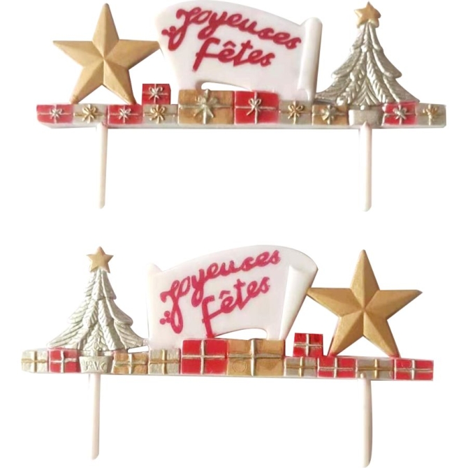 2 Pics Frise Joyeuses Ftes Sapin / Etoile Argent / Or (11 cm) - Plastique 