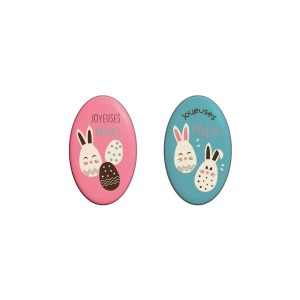 2 Plaquettes Ovales Lapin Joyeuses Pques  - Chocolat Blanc