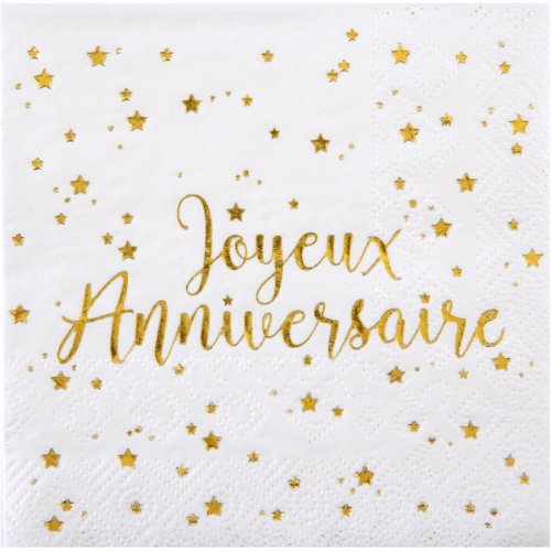 20 Petites Serviettes Joyeux Anniversaire Lam Or 