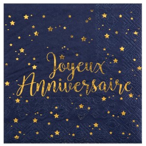 20 Petites Serviettes Joyeux Anniversaire Bleu Nuit