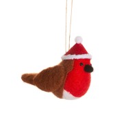 Suspension Rouge-Gorge avec son Bonnet de Noël (11 cm) - Feutrine