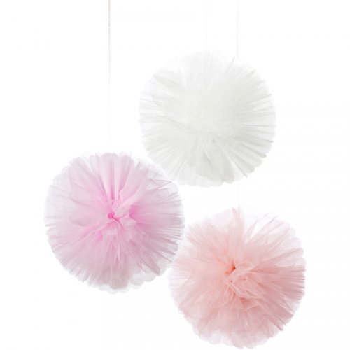 3 Décorations Pompons Tulle Love Pink (25 cm) 