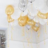 30 Ballons Or, Argent, Blanc lams et rubans