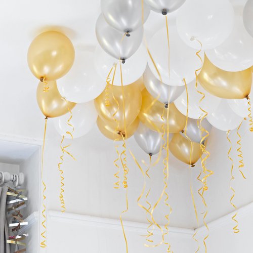 30 Ballons Or, Argent, Blanc lams et rubans 