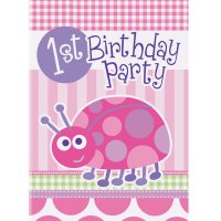 8 Invitations First Birthday Coccinelle Rose