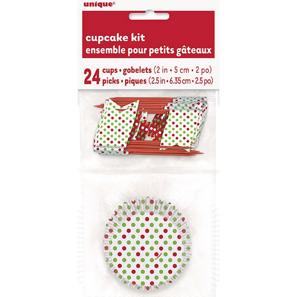 Kit 24 Caissettes et Déco à Cupcakes à pois Rouge / Vert 