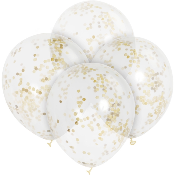 6 Ballons transparents et Confetti Or 