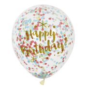 6 Ballons Happy Birthday Or et Confettis Multicolores