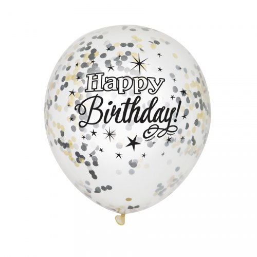 6 Ballons Happy Birthday Noir et Confettis Or/Argent 