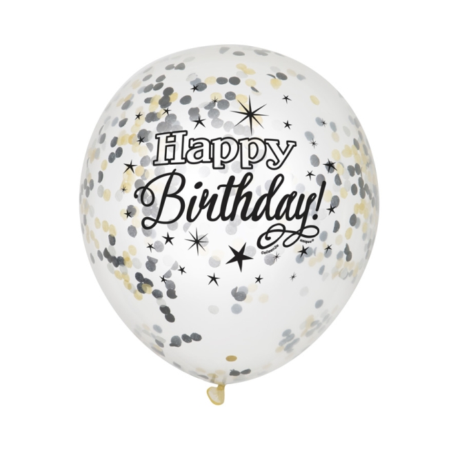 6 Ballons Happy Birthday Noir et Confettis Or / Argent 