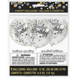 6 Ballons Happy Birthday Noir et Confettis Or / Argent. n1