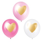 6 Ballons Coeur Or - Rose/Blanc